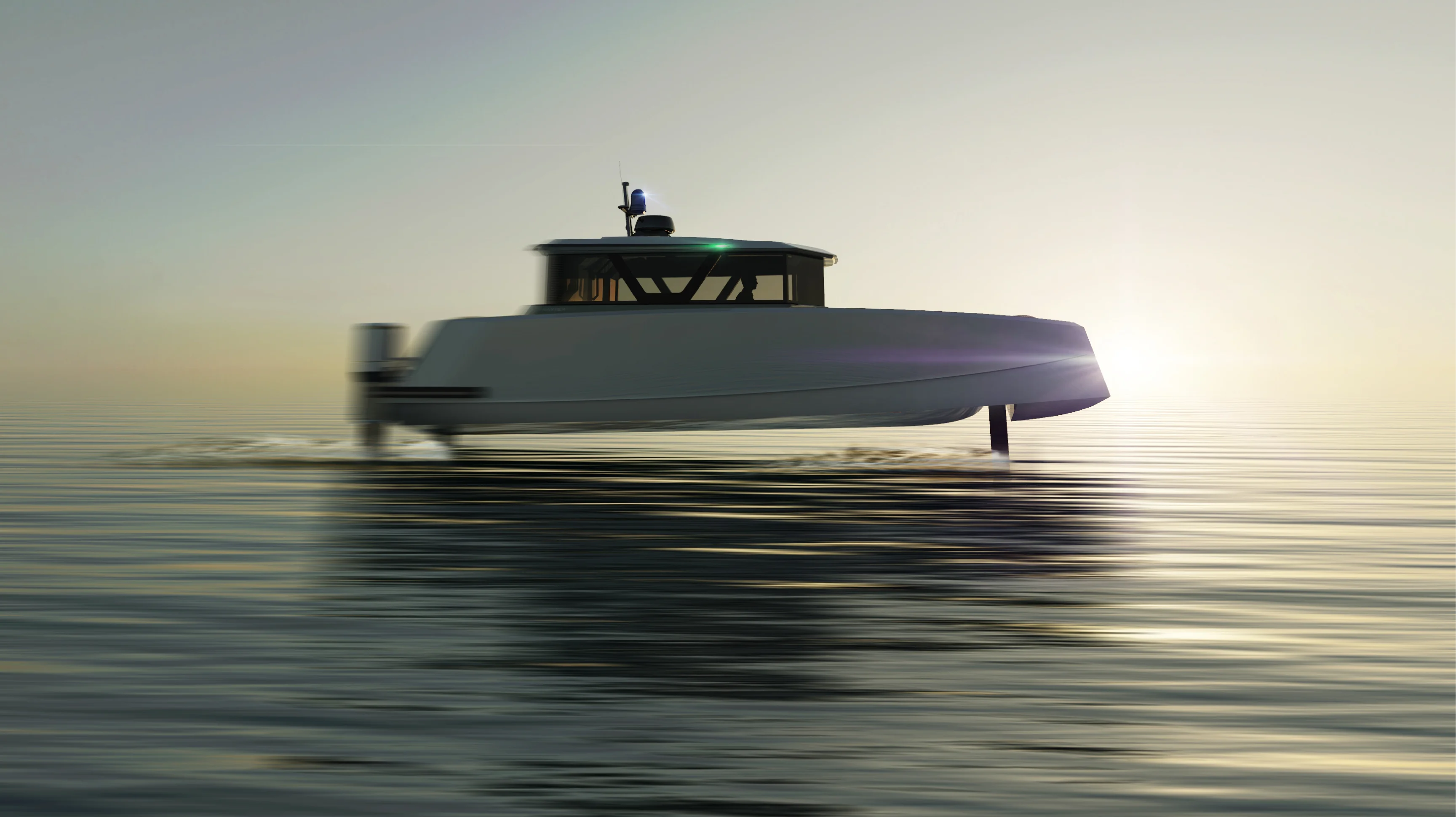 Navier hydrofoil boat cruising across water at sunset