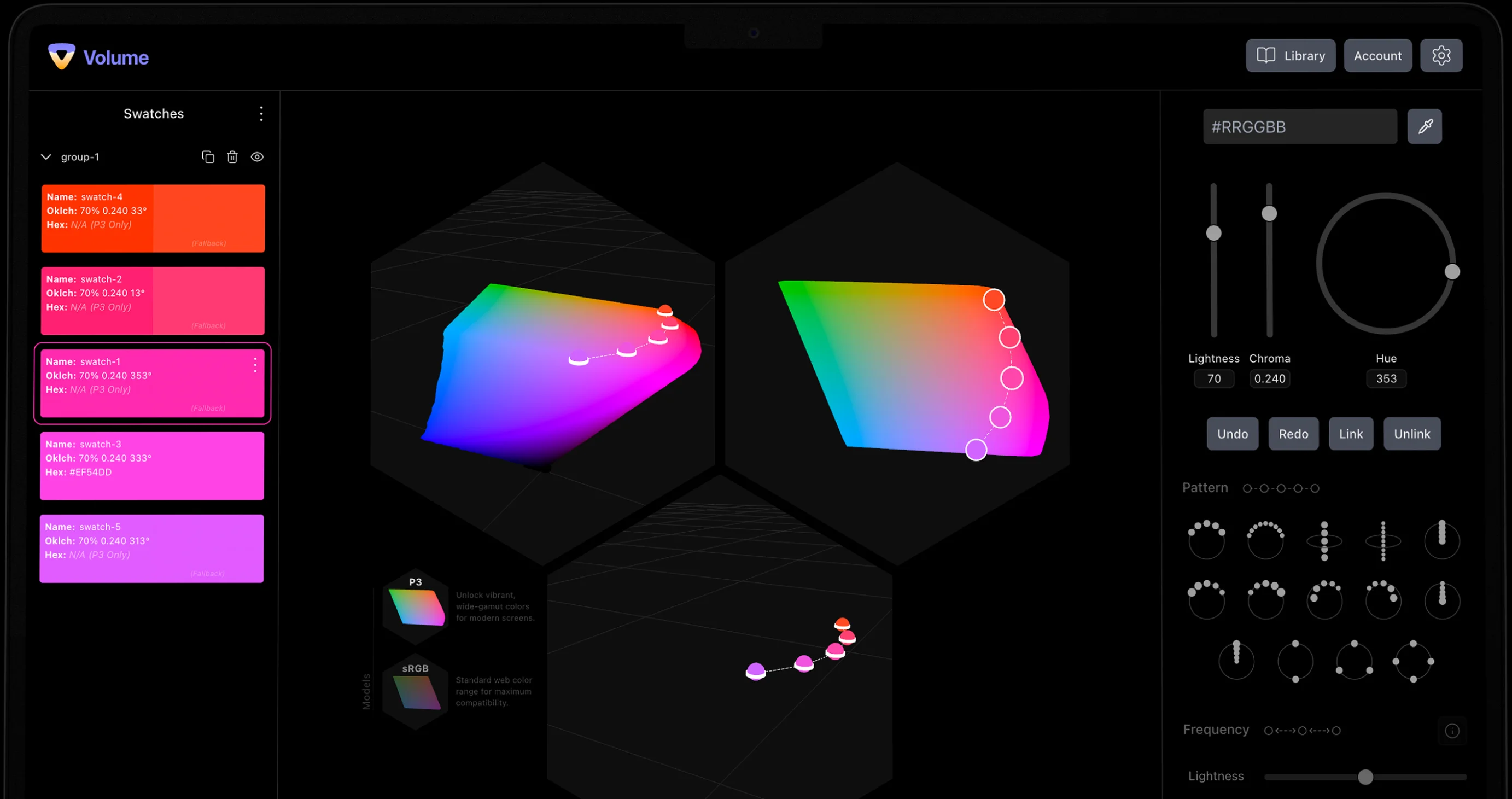 Volume interface showing 3D OKLCH colour palette tools and swatches